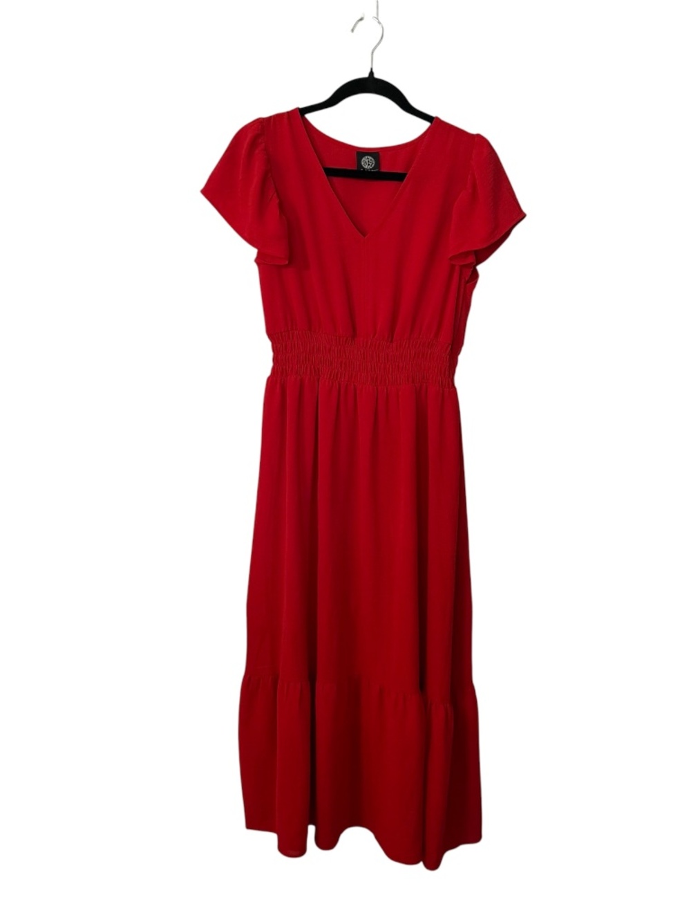 Bobeau Petite Women’s Short Flutter Sleeve V-Neck Red Maxi Dress Sz LP GUC